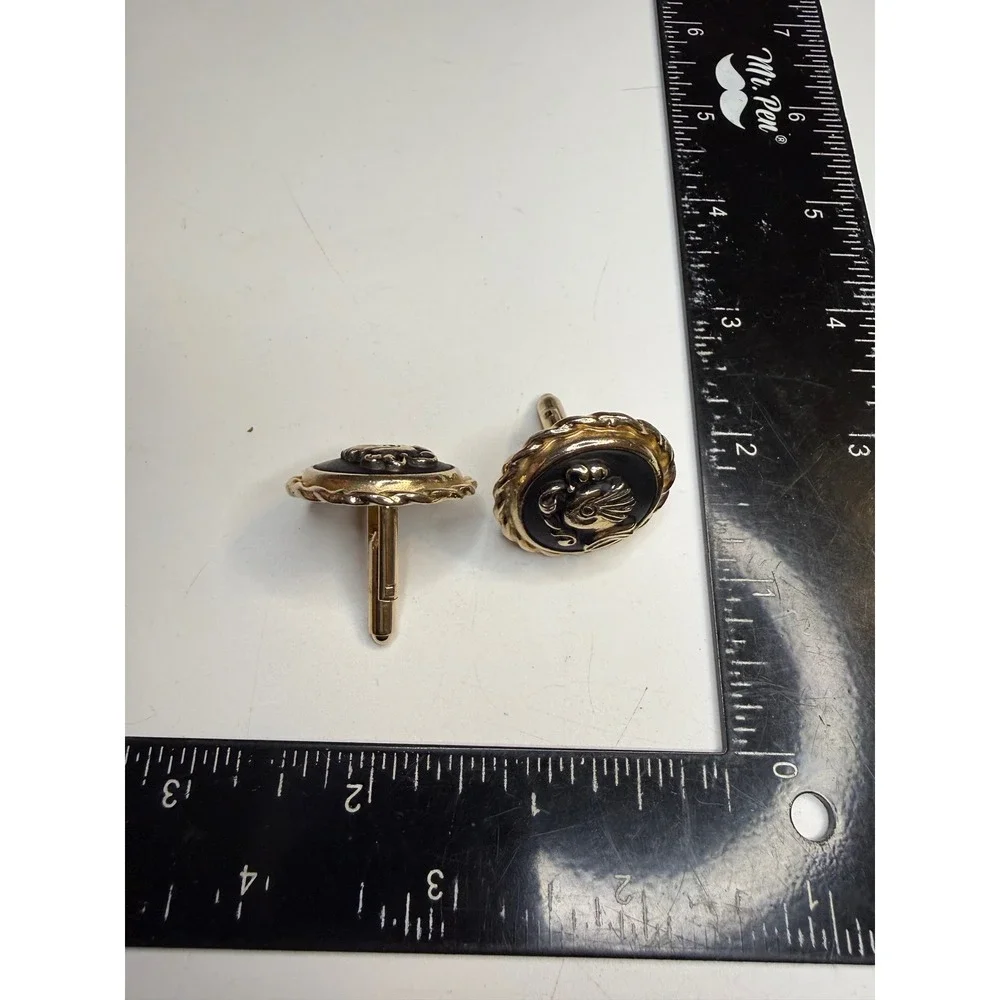 Vintage Knight Helmet Trojan Cufflinks Gold Tone Black Round Heraldic Toggle